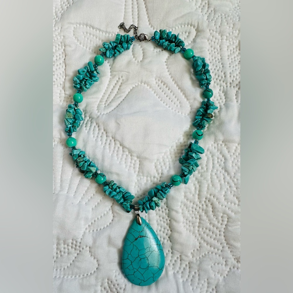 Magnesite Turquoise Pendant Necklace Aqua Baby Blue Chunky Jewelry
